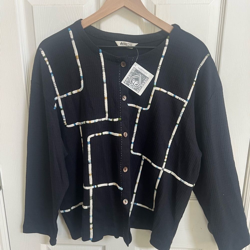 Marketplace Black Cardigan with Geometric Pattern, Sustainable, Artsy Vibes,